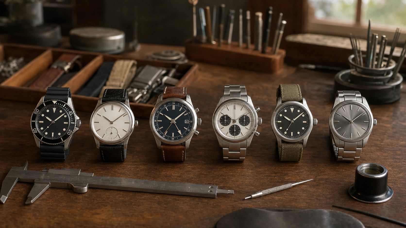 Six unbranded watches under a ten-thousand-dollar buying framework arranged by use