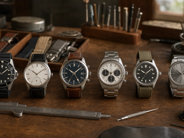 Six unbranded watches under a ten-thousand-dollar buying framework arranged by use
