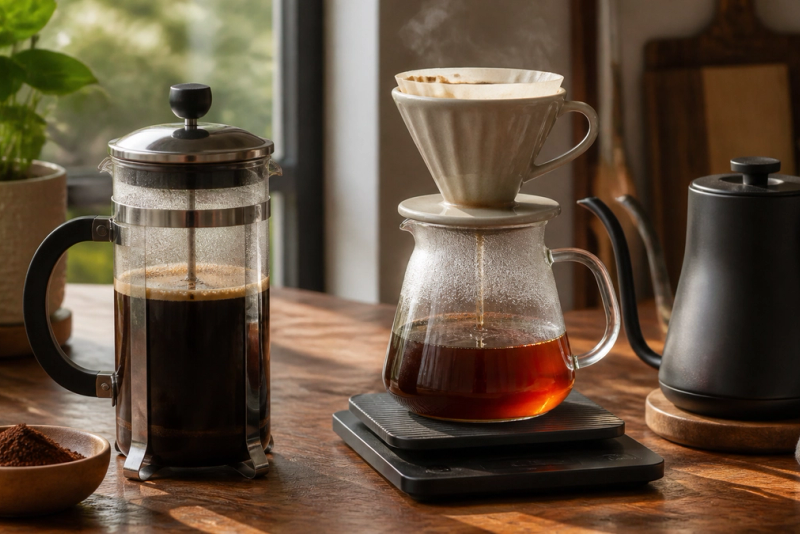 French Press vs Pour Over shown in a practical side-by-side comparison