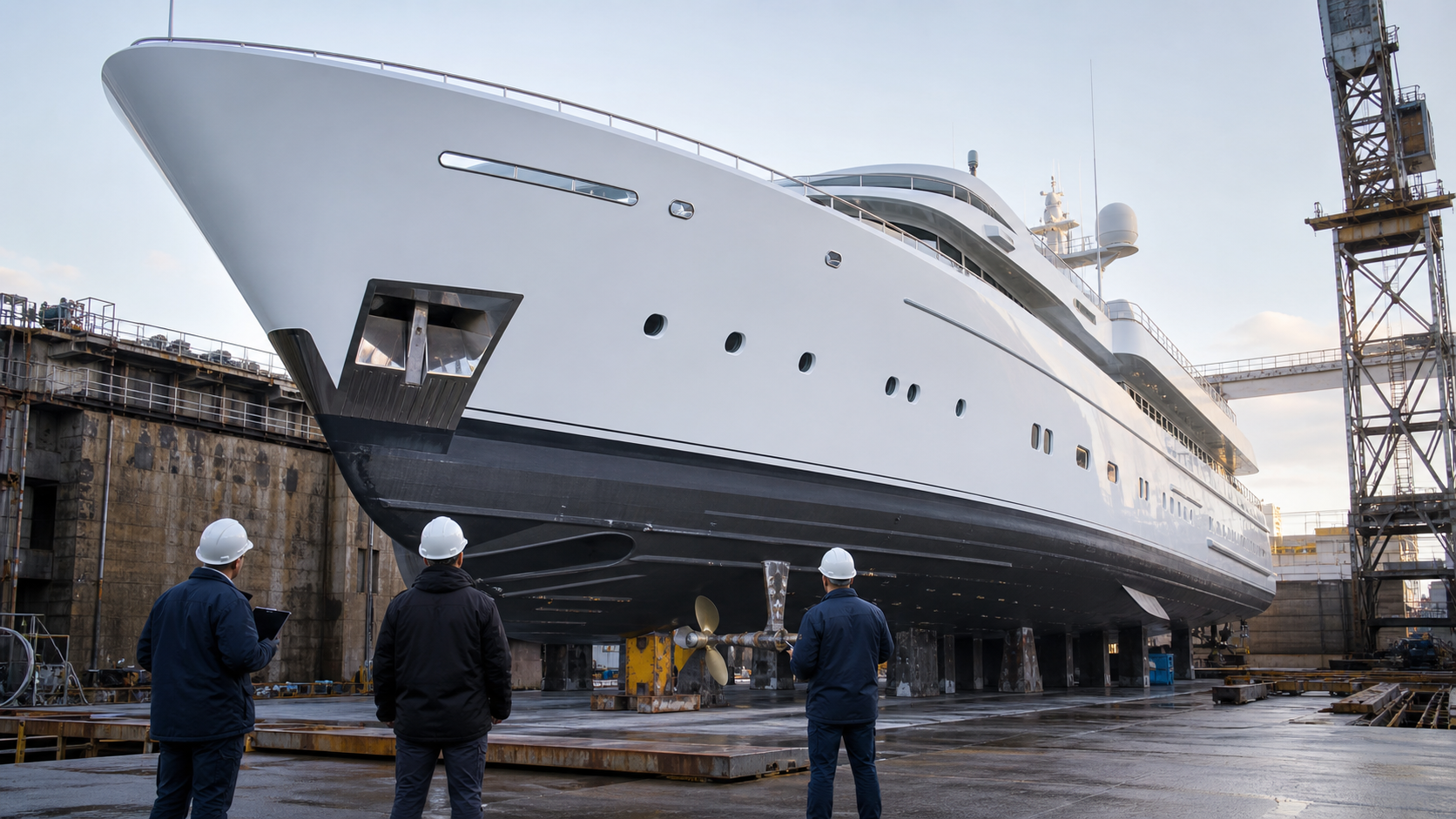 Surveyors examining a large superyacht in dry dock before purchase