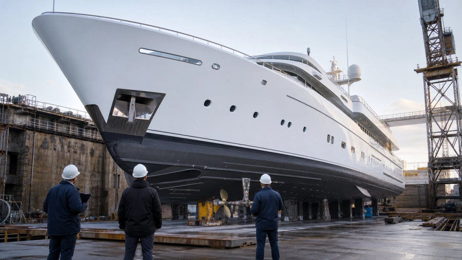 Surveyors examining a large superyacht in dry dock before purchase