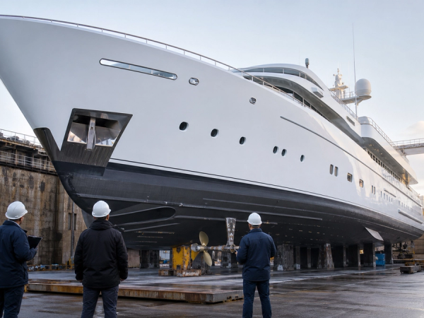 Surveyors examining a large superyacht in dry dock before purchase