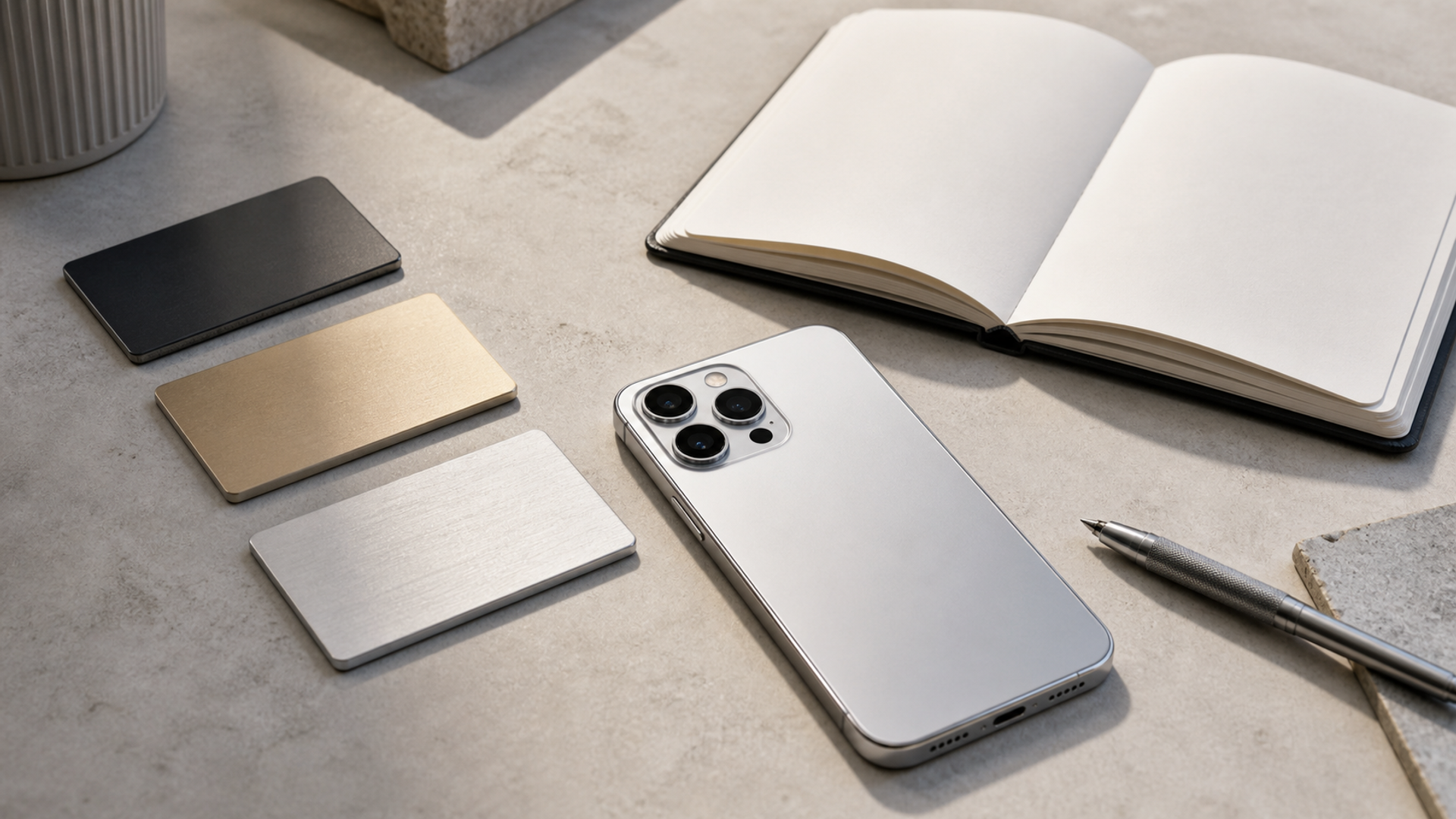 A current silver flagship phone beside three unbranded colour swatches and a paper evidence ledger, photographed on a neutral studio desk without logos or text