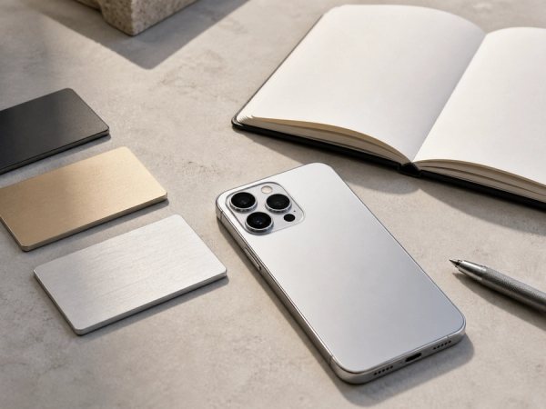 A current silver flagship phone beside three unbranded colour swatches and a paper evidence ledger, photographed on a neutral studio desk without logos or text
