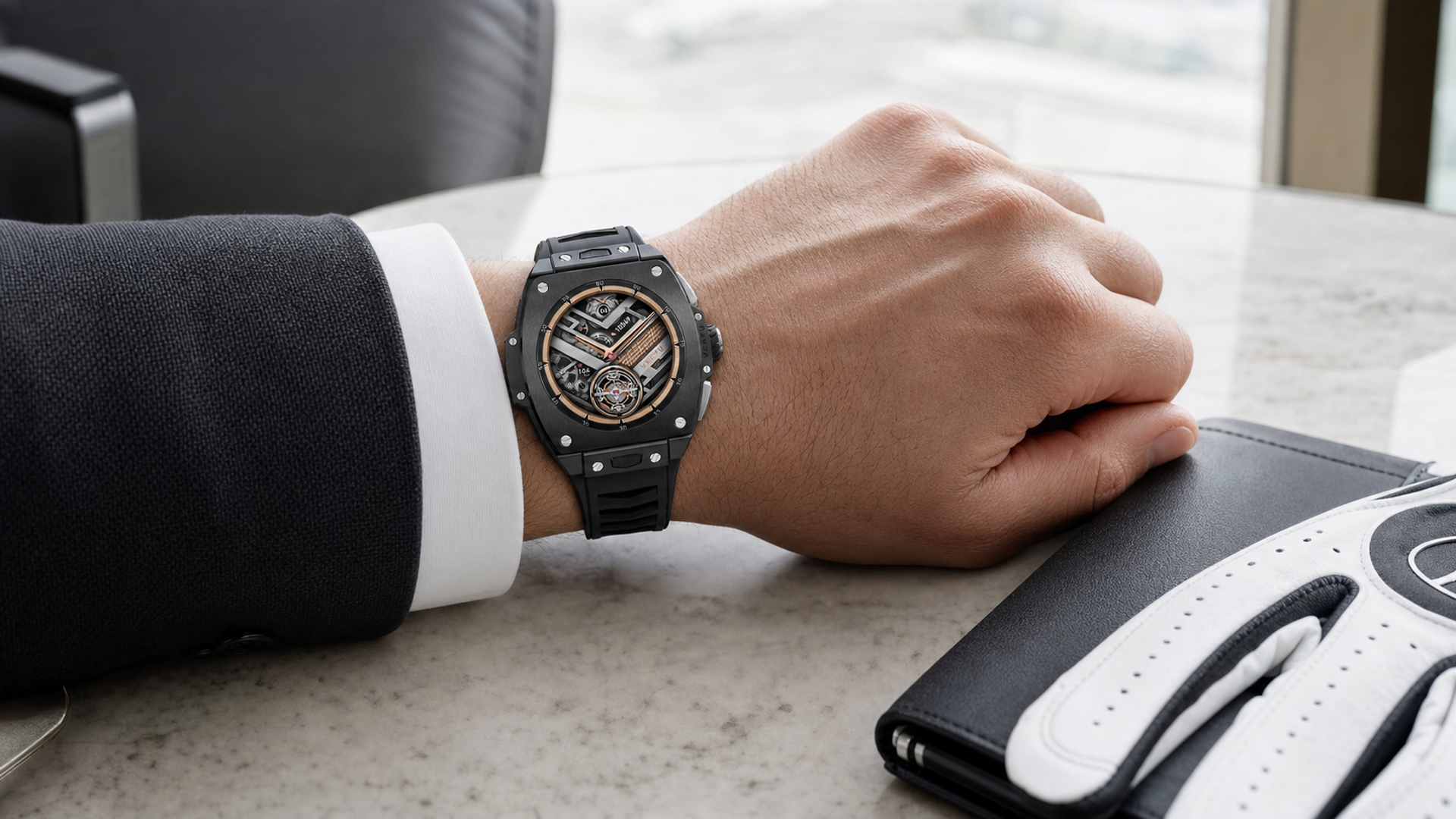 VERTU Grand Watch in black ceramic worn beside a tailored cuff and golf glove