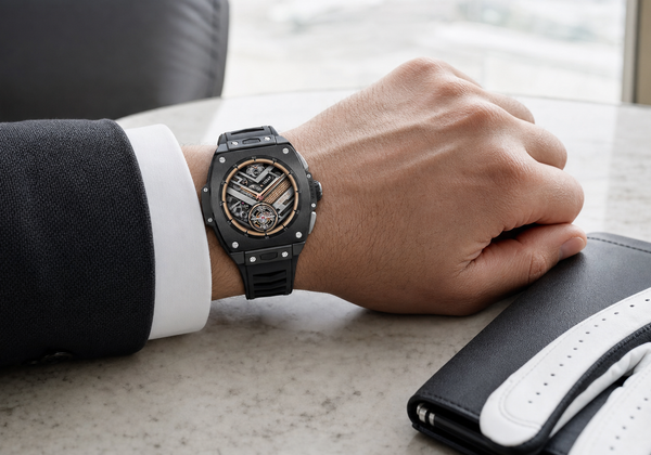 VERTU Grand Watch in black ceramic worn beside a tailored cuff and golf glove