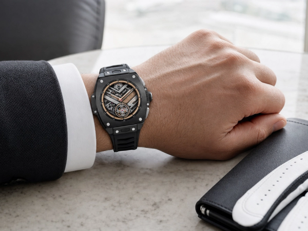 VERTU Grand Watch in black ceramic worn beside a tailored cuff and golf glove