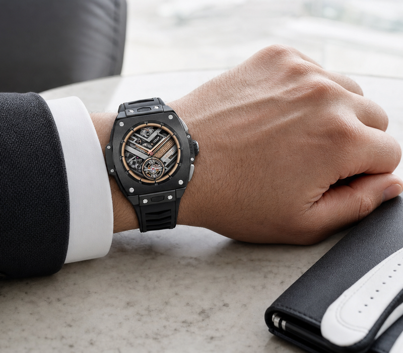 VERTU Grand Watch in black ceramic worn beside a tailored cuff and golf glove