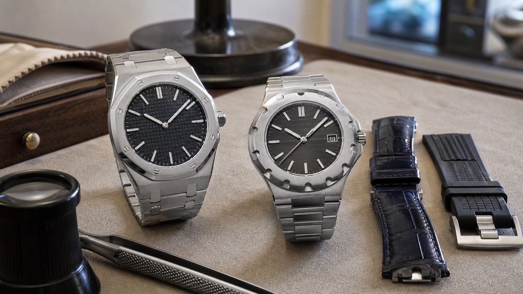 Faceted bracelet sports watch and interchangeable-strap sports watch compared at a collector's desk