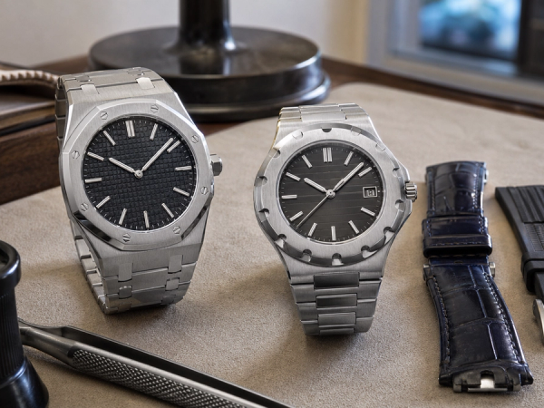 Faceted bracelet sports watch and interchangeable-strap sports watch compared at a collector's desk
