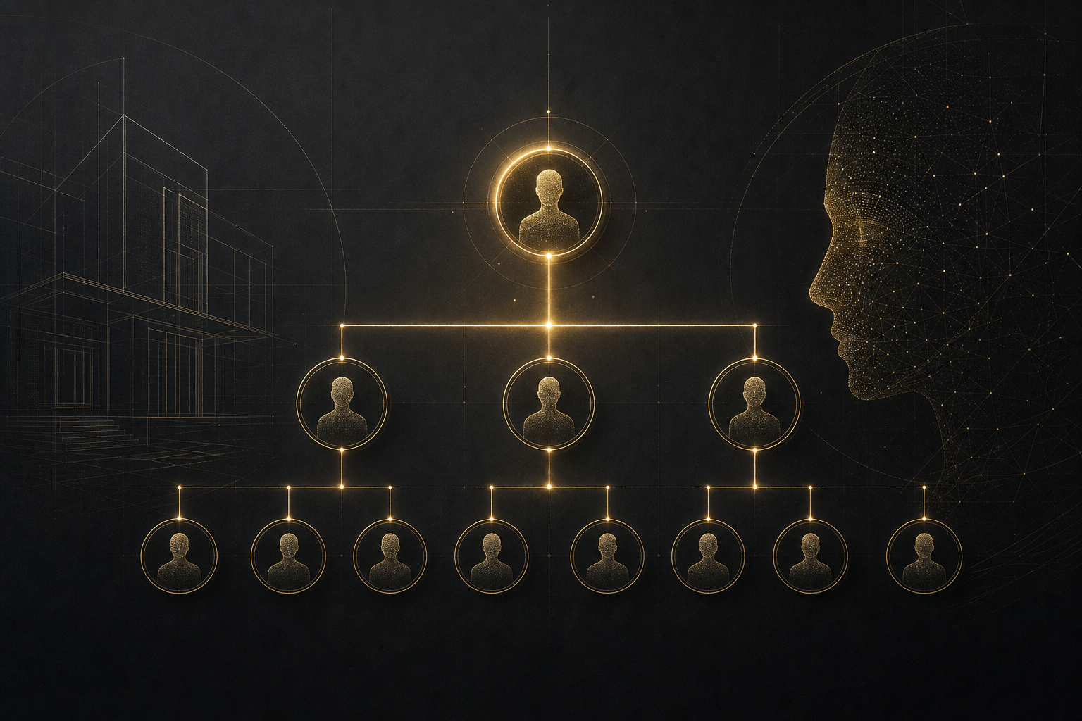 Org chart nodes rewired by golden harness grid — AI-first trust architecture