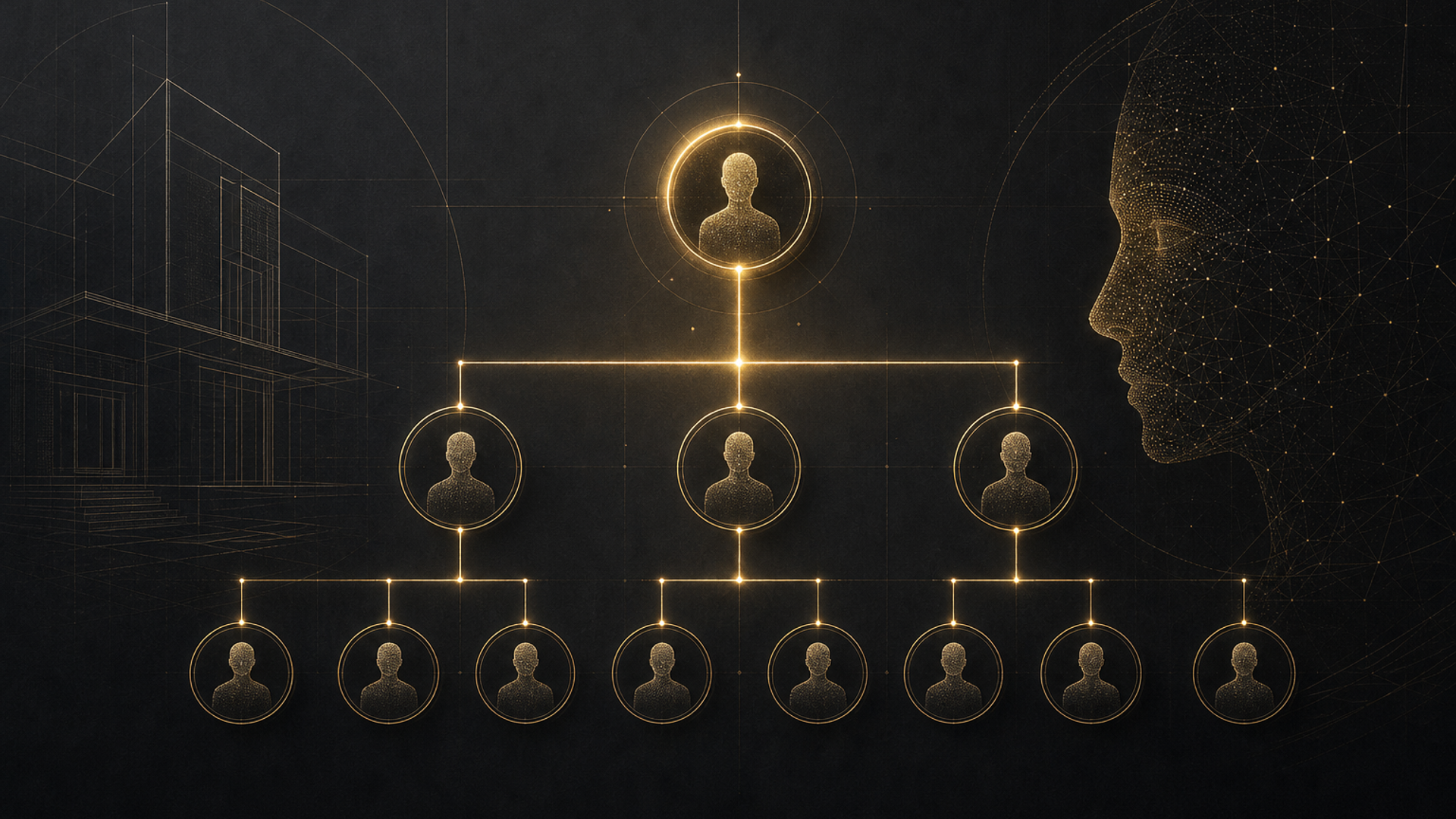 Org chart nodes rewired by golden harness grid — AI-first trust architecture