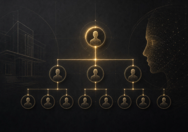 Org chart nodes rewired by golden harness grid — AI-first trust architecture