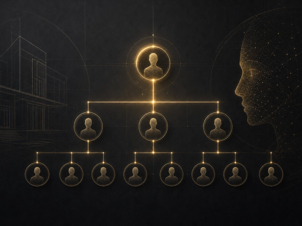 Org chart nodes rewired by golden harness grid — AI-first trust architecture