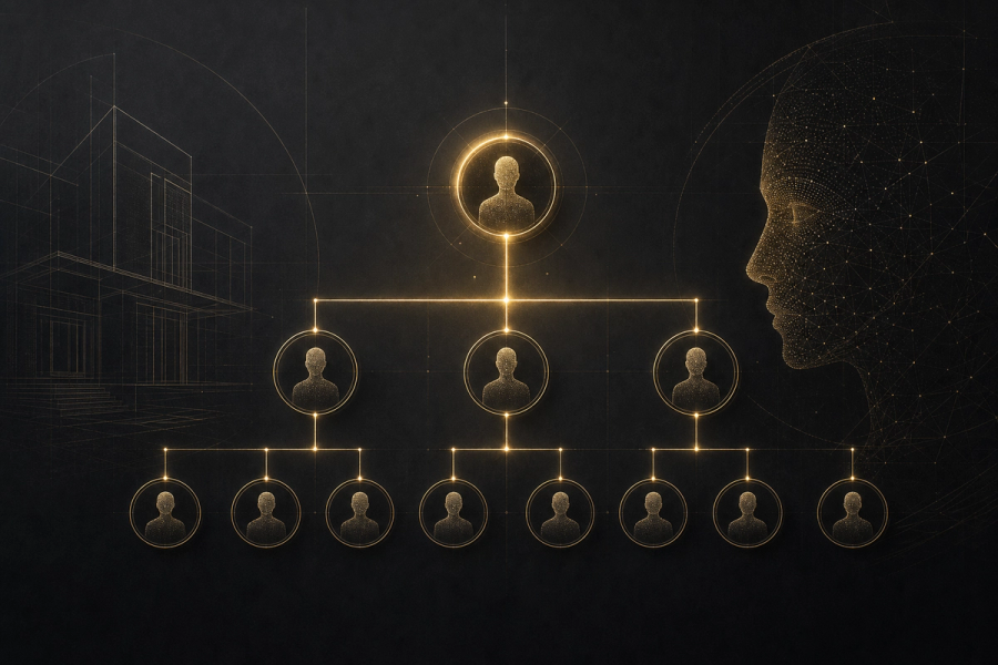 Org chart nodes rewired by golden harness grid — AI-first trust architecture
