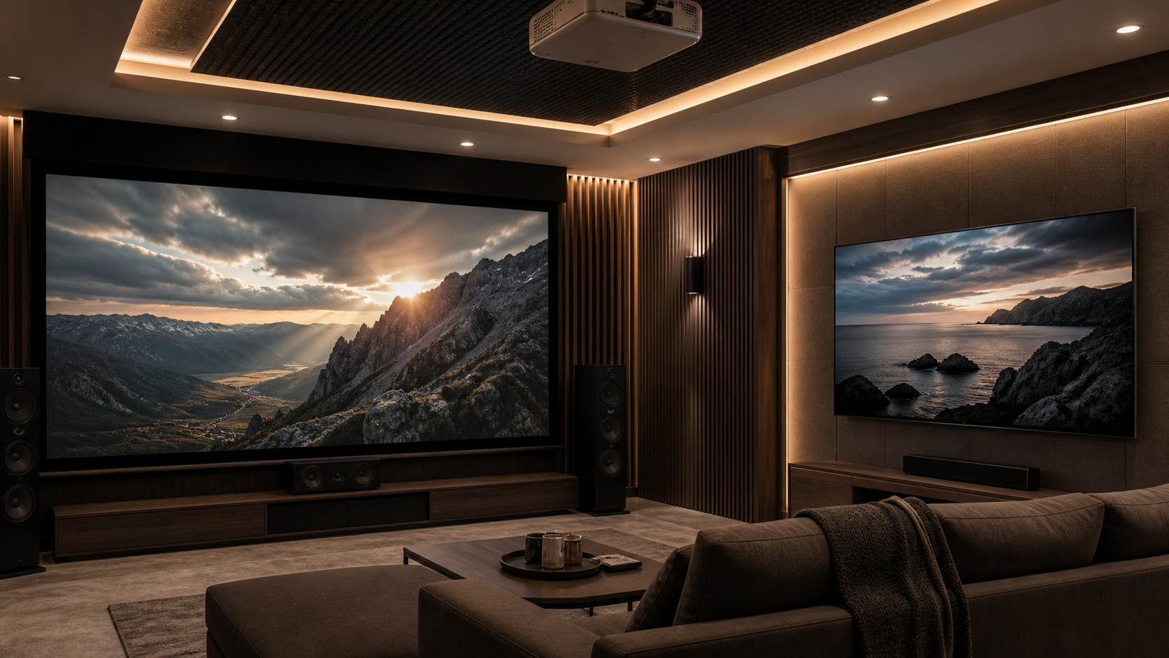 Projector and OLED TV configurations compared in a luxury cinema room