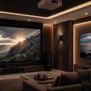Projector and OLED TV configurations compared in a luxury cinema room