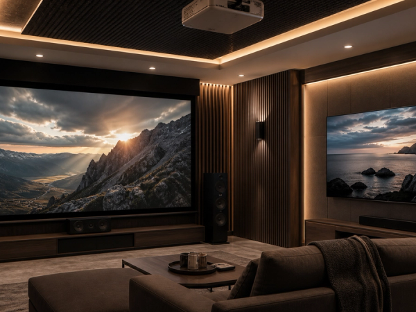 Projector and OLED TV configurations compared in a luxury cinema room