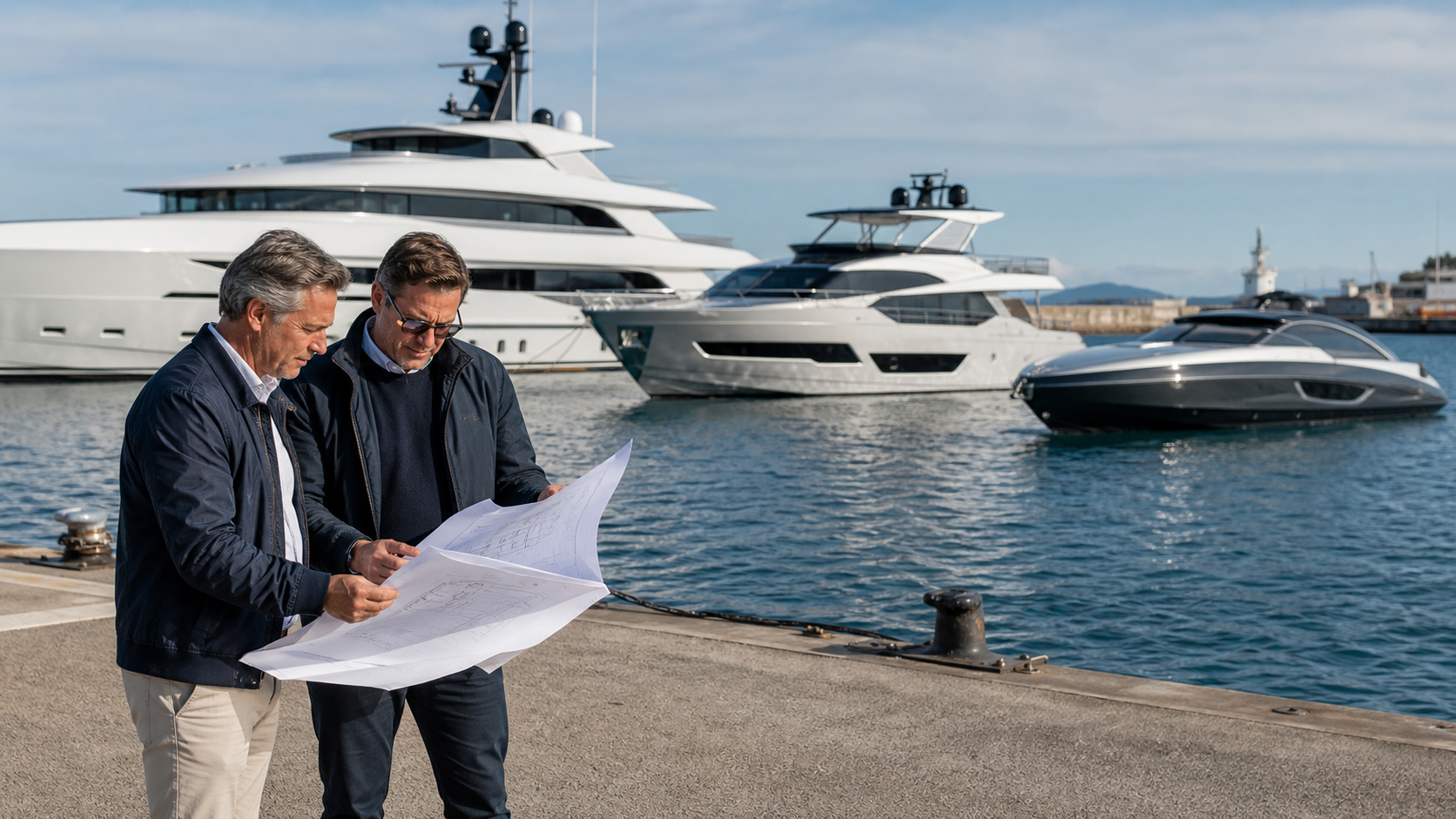 Three different luxury yacht types compared by owners and a naval architect in a harbour
