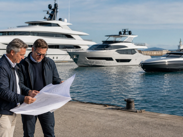 Three different luxury yacht types compared by owners and a naval architect in a harbour