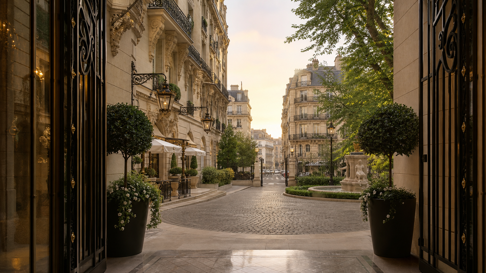 Elegant Parisian palace-hotel courtyard in warm early-morning light