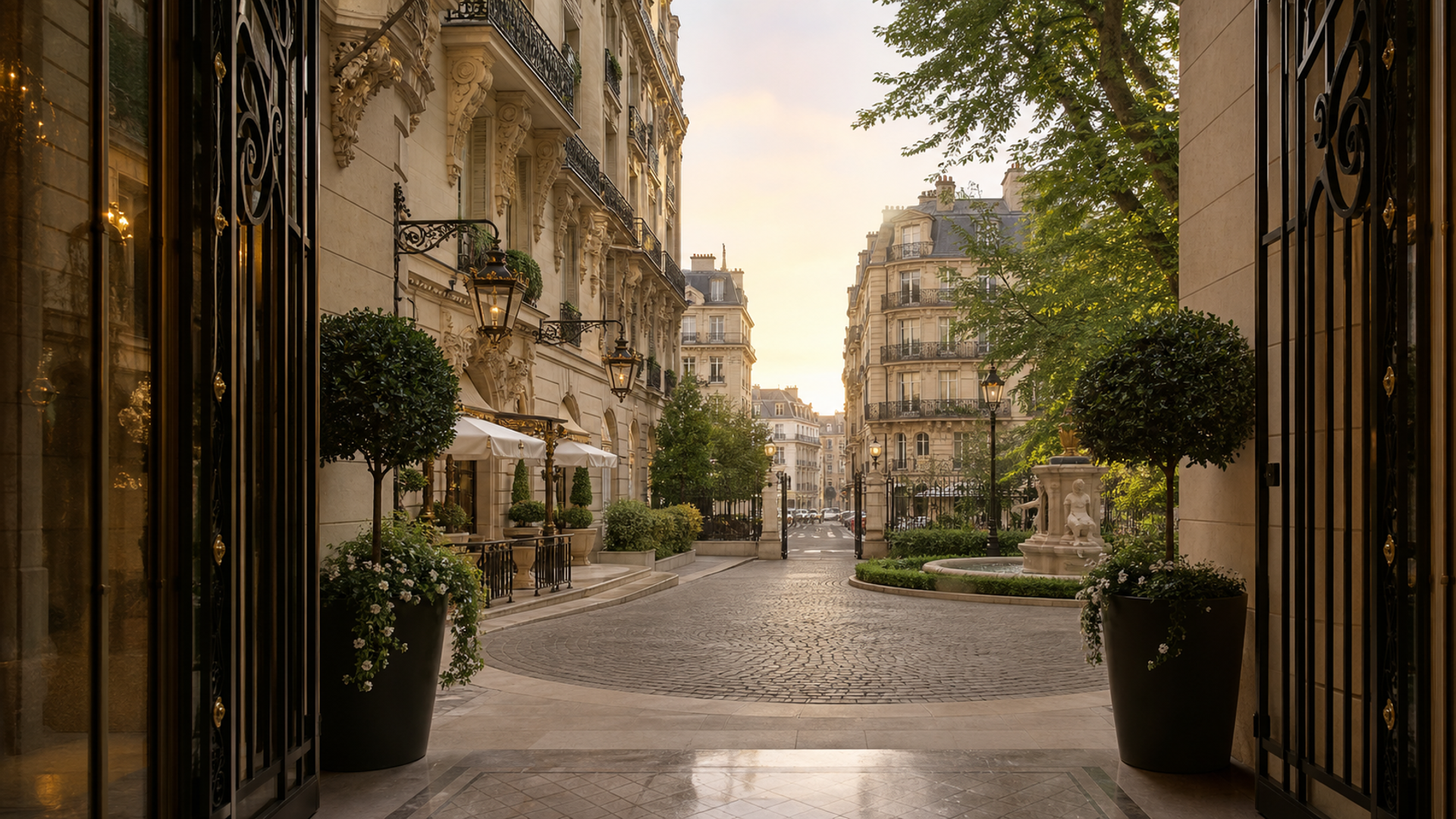 Elegant Parisian palace-hotel courtyard in warm early-morning light