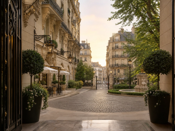 Elegant Parisian palace-hotel courtyard in warm early-morning light