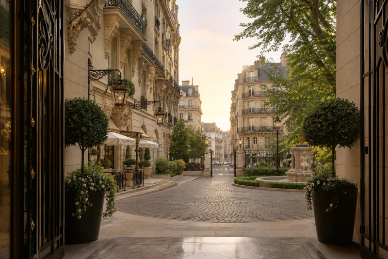 Elegant Parisian palace-hotel courtyard in warm early-morning light