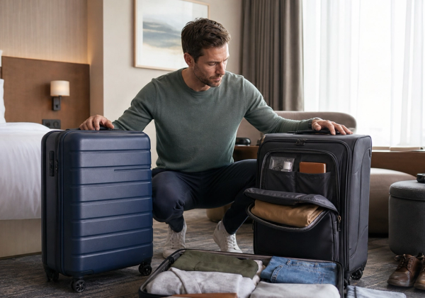 Hard-shell and soft-shell suitcases compared with the same business-travel wardrobe