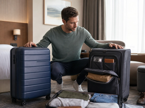 Hard-shell and soft-shell suitcases compared with the same business-travel wardrobe