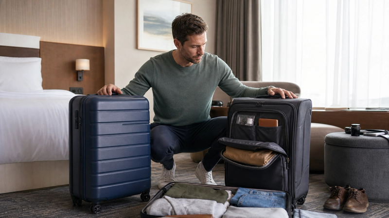 Hard-shell and soft-shell suitcases compared with the same business-travel wardrobe