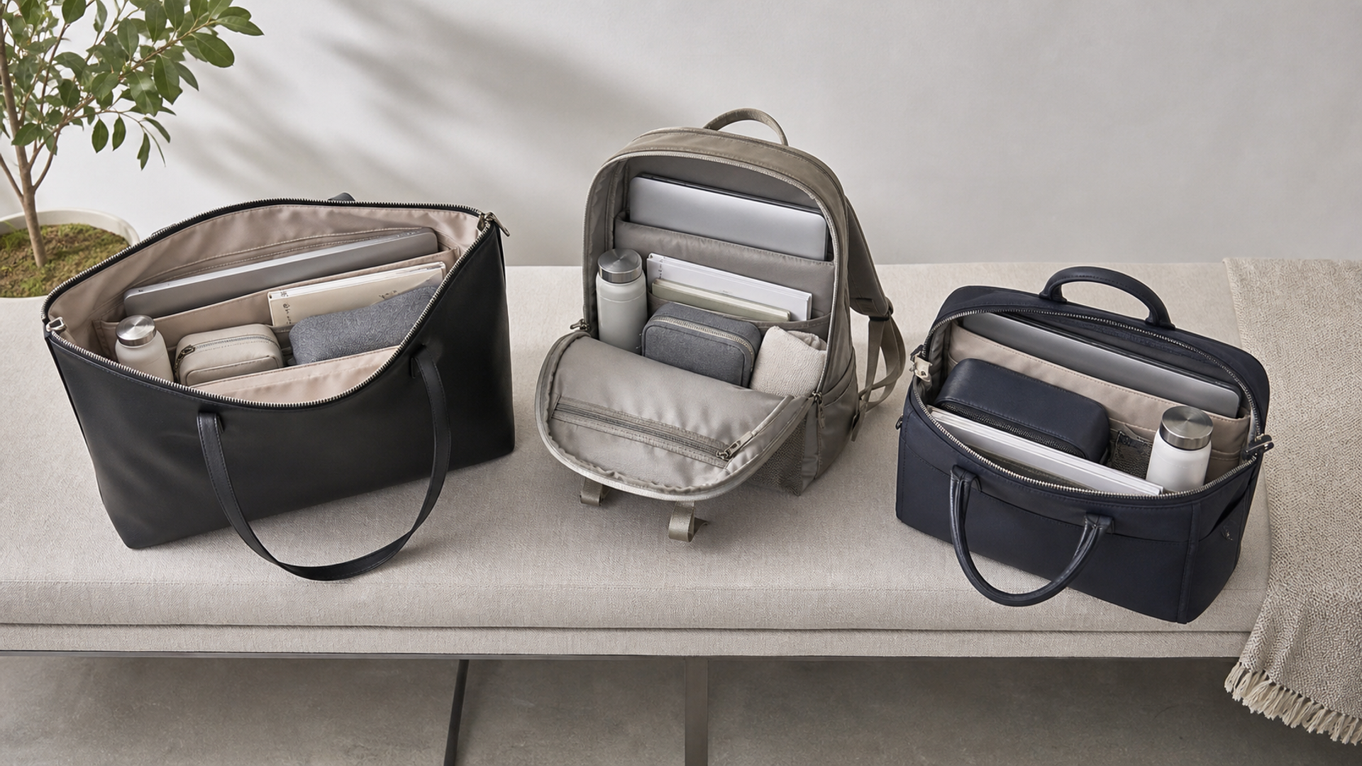 Three work-bag formats fitted with a laptop, documents and business-travel essentials