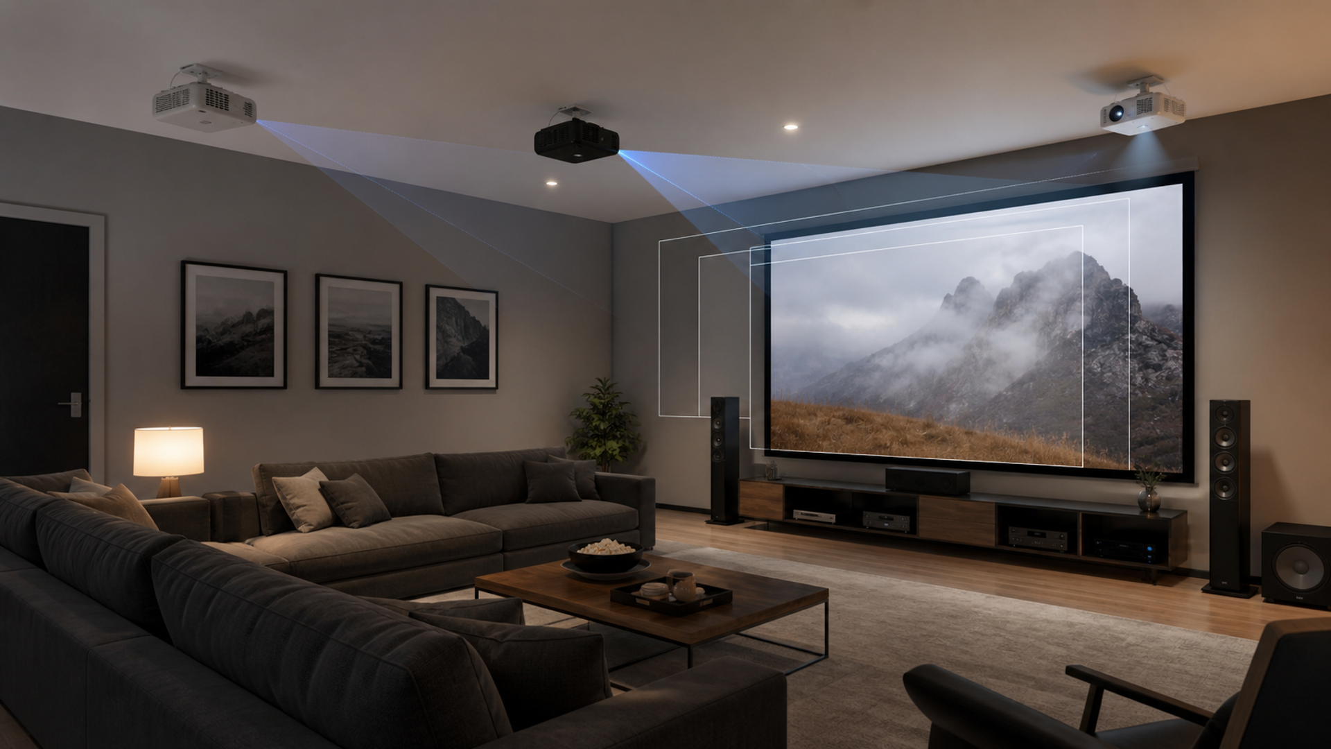Home cinema showing projector placement, throw distance and screen-size choices