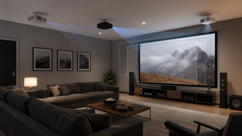 Home cinema showing projector placement, throw distance and screen-size choices