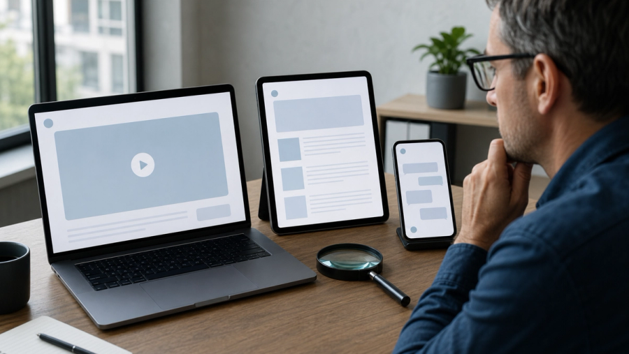 A person reviewing a realistic video, text article and chatbot on three screens with subtle generic disclosure indicators and a magnifying glass, no logos or readable text