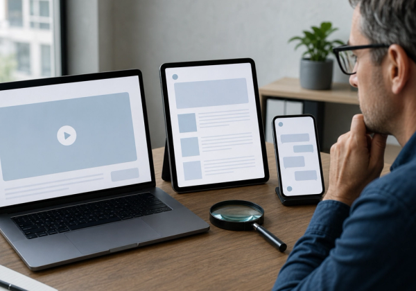 A person reviewing a realistic video, text article and chatbot on three screens with subtle generic disclosure indicators and a magnifying glass, no logos or readable text