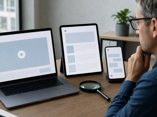 A person reviewing a realistic video, text article and chatbot on three screens with subtle generic disclosure indicators and a magnifying glass, no logos or readable text