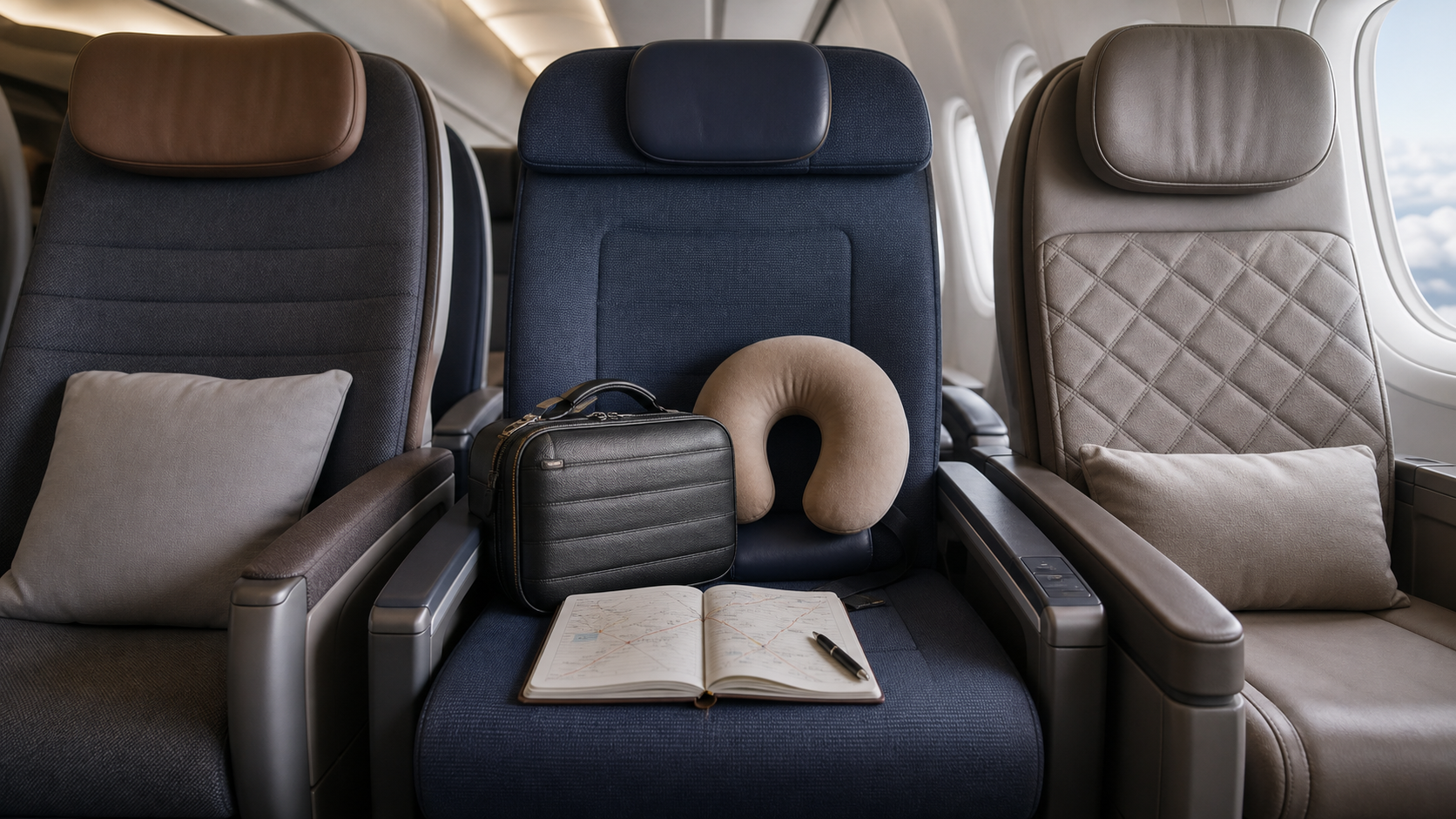 Three distinct premium-economy seats arranged for a seat, route and upgrade-value comparison