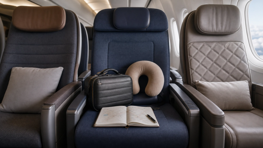 Three distinct premium-economy seats arranged for a seat, route and upgrade-value comparison