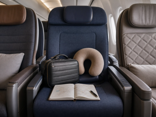 Three distinct premium-economy seats arranged for a seat, route and upgrade-value comparison