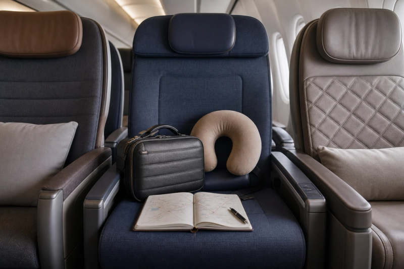 Three distinct premium-economy seats arranged for a seat, route and upgrade-value comparison
