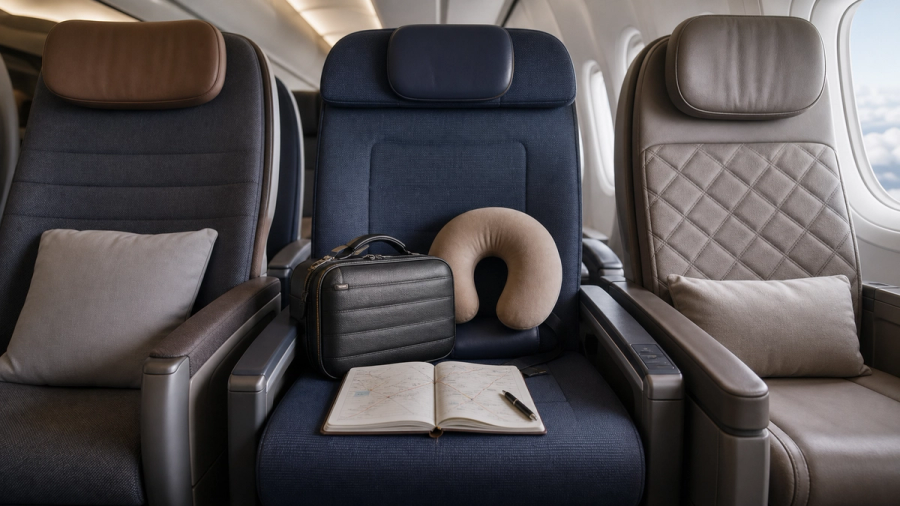 Three distinct premium-economy seats arranged for a seat, route and upgrade-value comparison