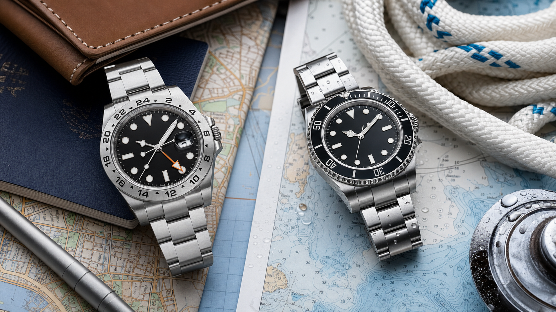 Unbranded GMT and dive watch silhouettes beside a passport, city map and sailing gear