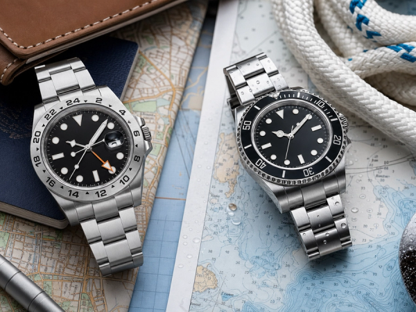 Unbranded GMT and dive watch silhouettes beside a passport, city map and sailing gear
