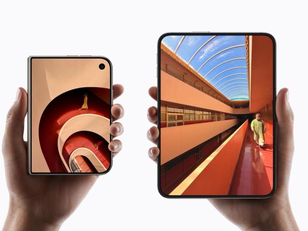 Official Apple product image showing iPhone Duo with its outer display and unfolded inner display.