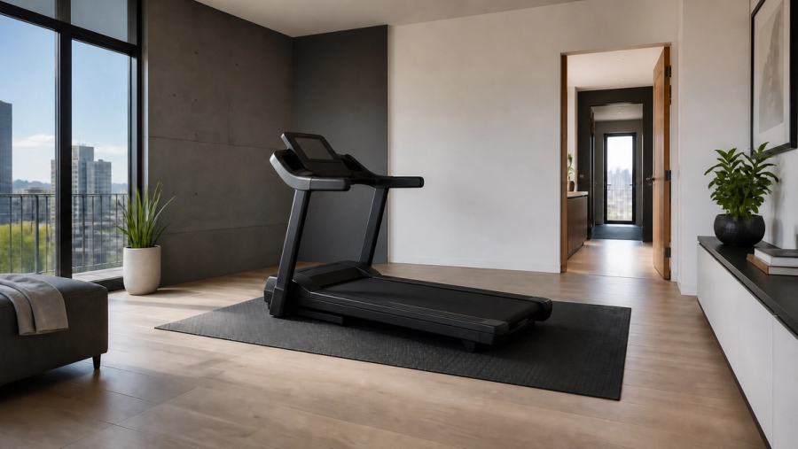 Home treadmill positioned with safe clearance in a bright apartment room