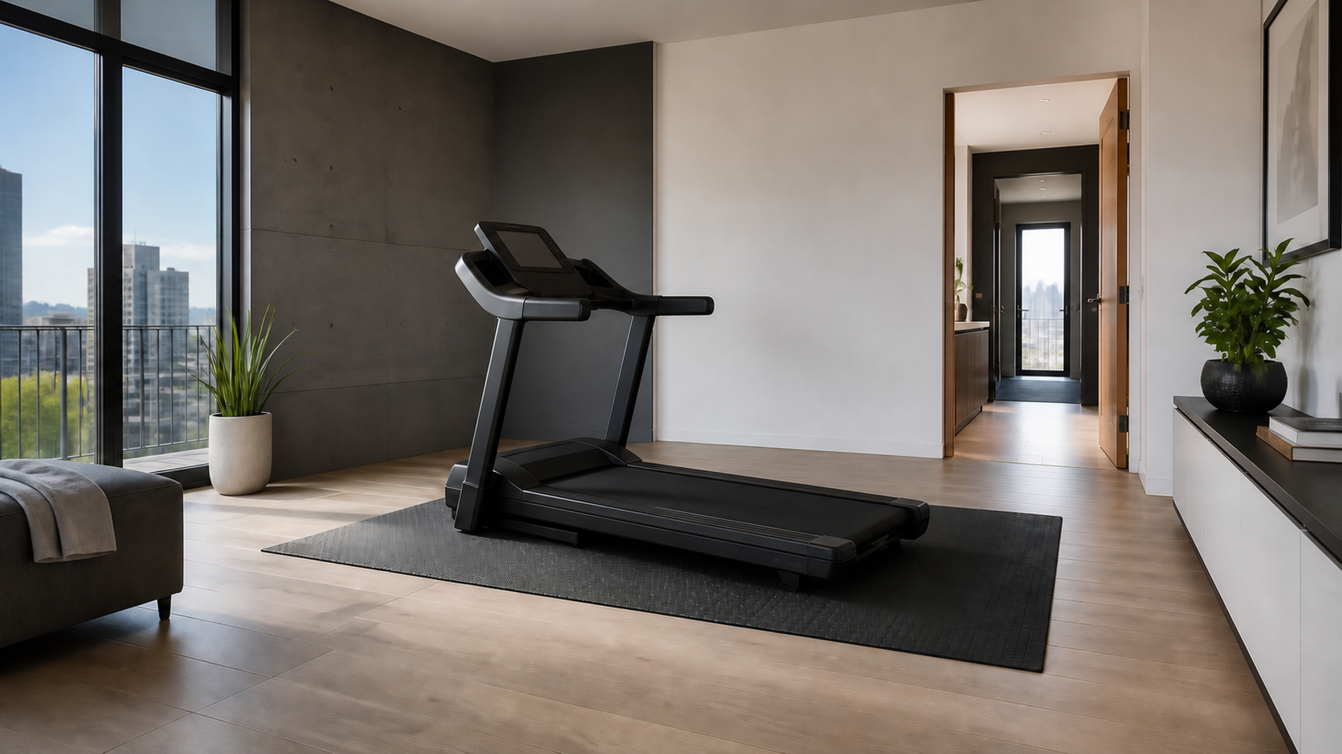 Home treadmill positioned with safe clearance in a bright apartment room