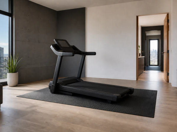 Home treadmill positioned with safe clearance in a bright apartment room