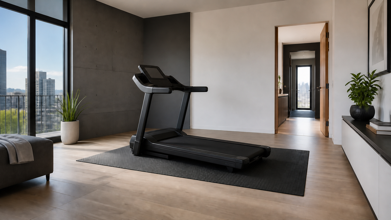 Home treadmill positioned with safe clearance in a bright apartment room