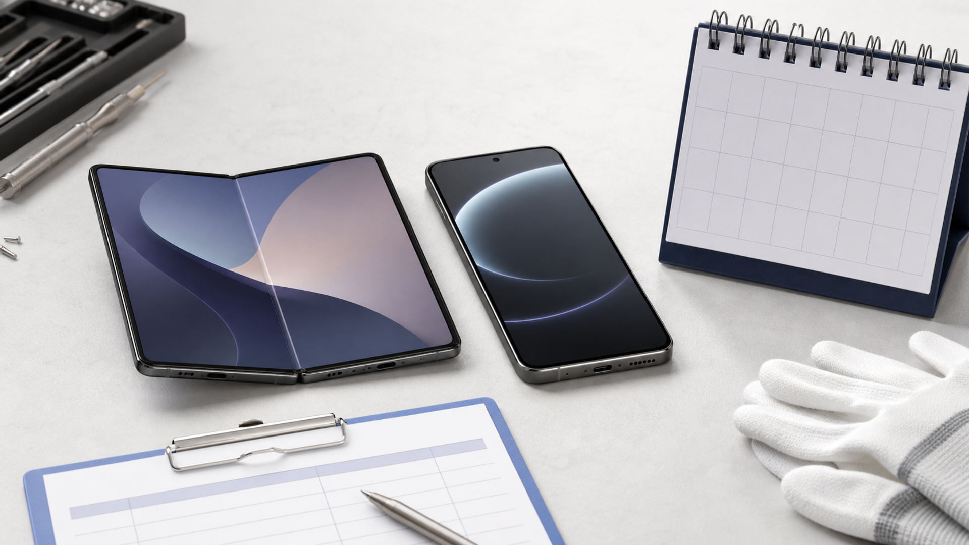 An unbranded foldable phone open beside a conventional flagship phone, repair estimate and three-year calendar